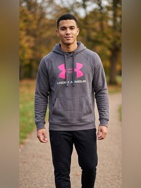 Under Armour Mens Hoodie Gray Pink Logo‎ Holographic Graphic Fleece Pullover L